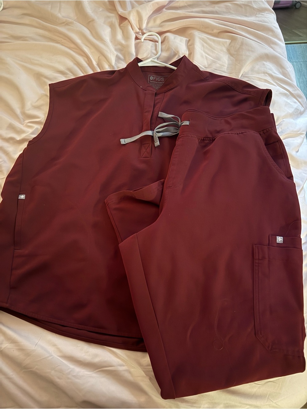 FIGS Maroon Rafaela Oversized Top & Yola High Waisted Straight Leg Scrub Set